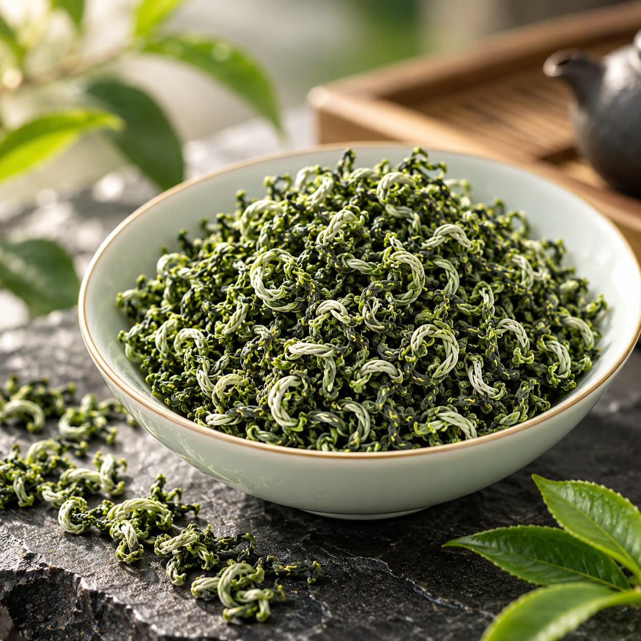 Curled Bi Luo Chun leaves in a pale celadon bowl on dark slate, with fresh tea leaves beside it.