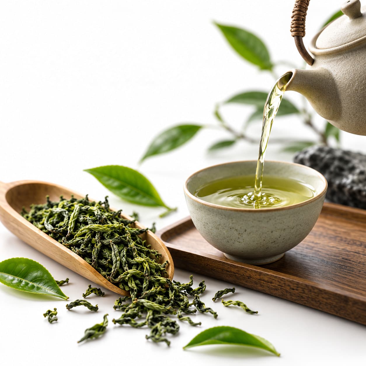 Pale green tea poured from a stoneware teapot into a speckled cup on a walnut tray, a scoop of leaves beside it.